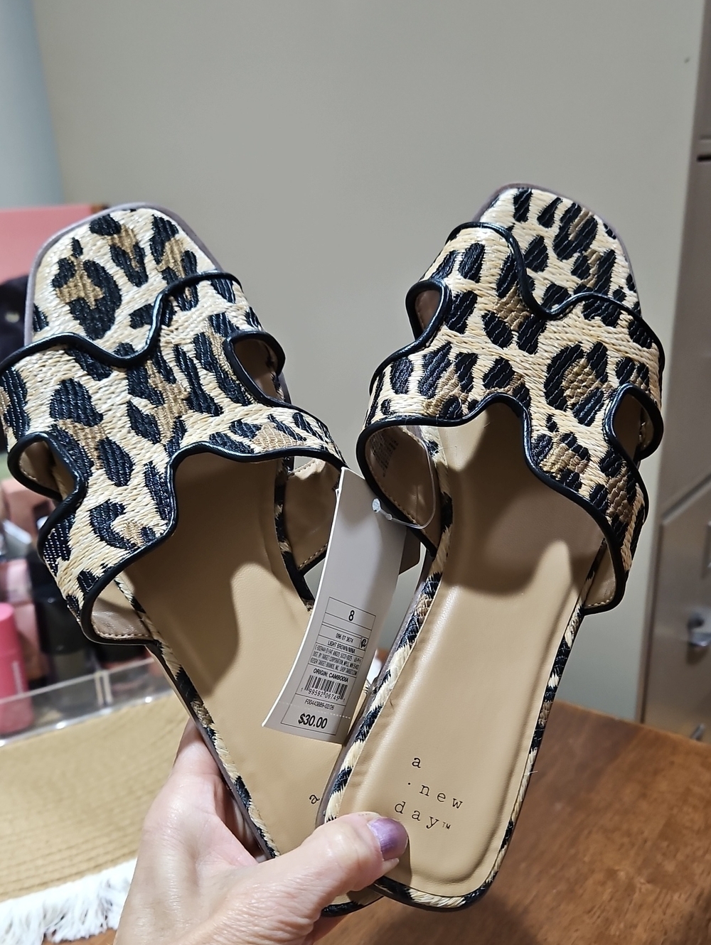a new day Leopard Ruffle Slide Sandals - Beige & Black